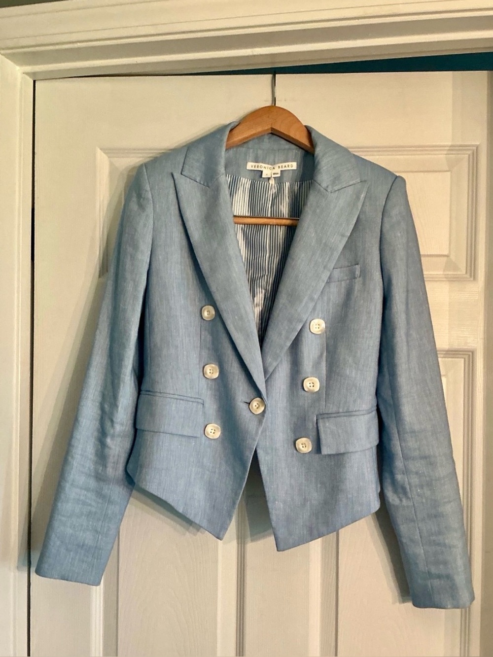 Veronica Beard Diego Dickey Jacket Lake Blue Linen Blazer Size 2